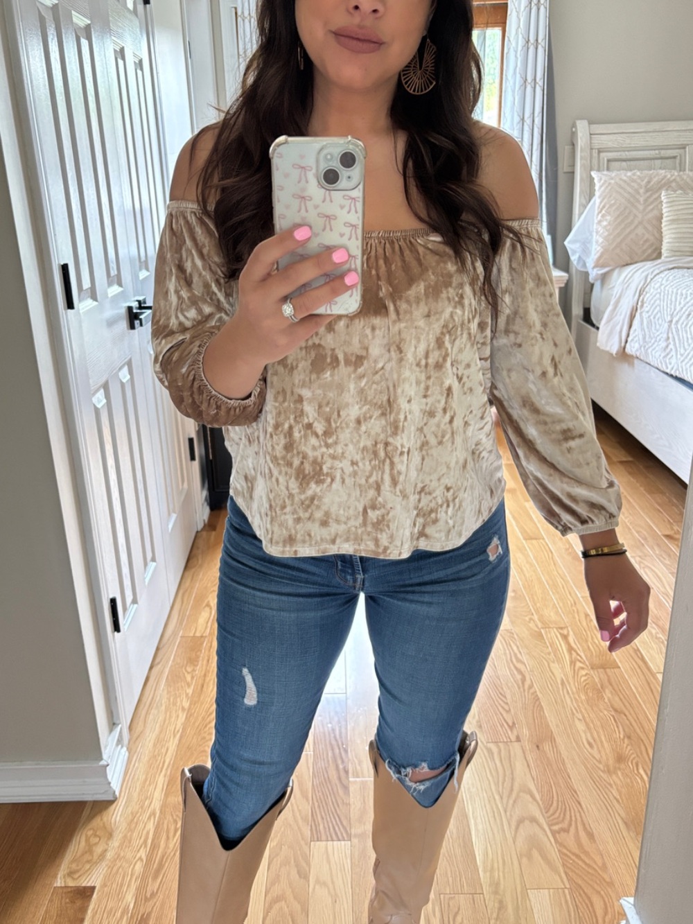 Crushed velvet off shoulder champagne color top
